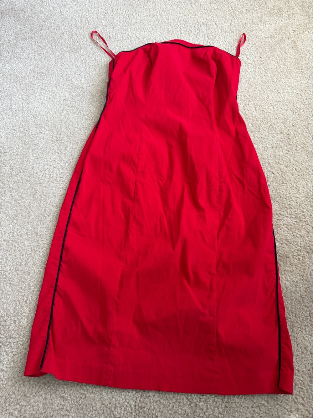 Express Red Strapless Sheath Dress with Black Piping